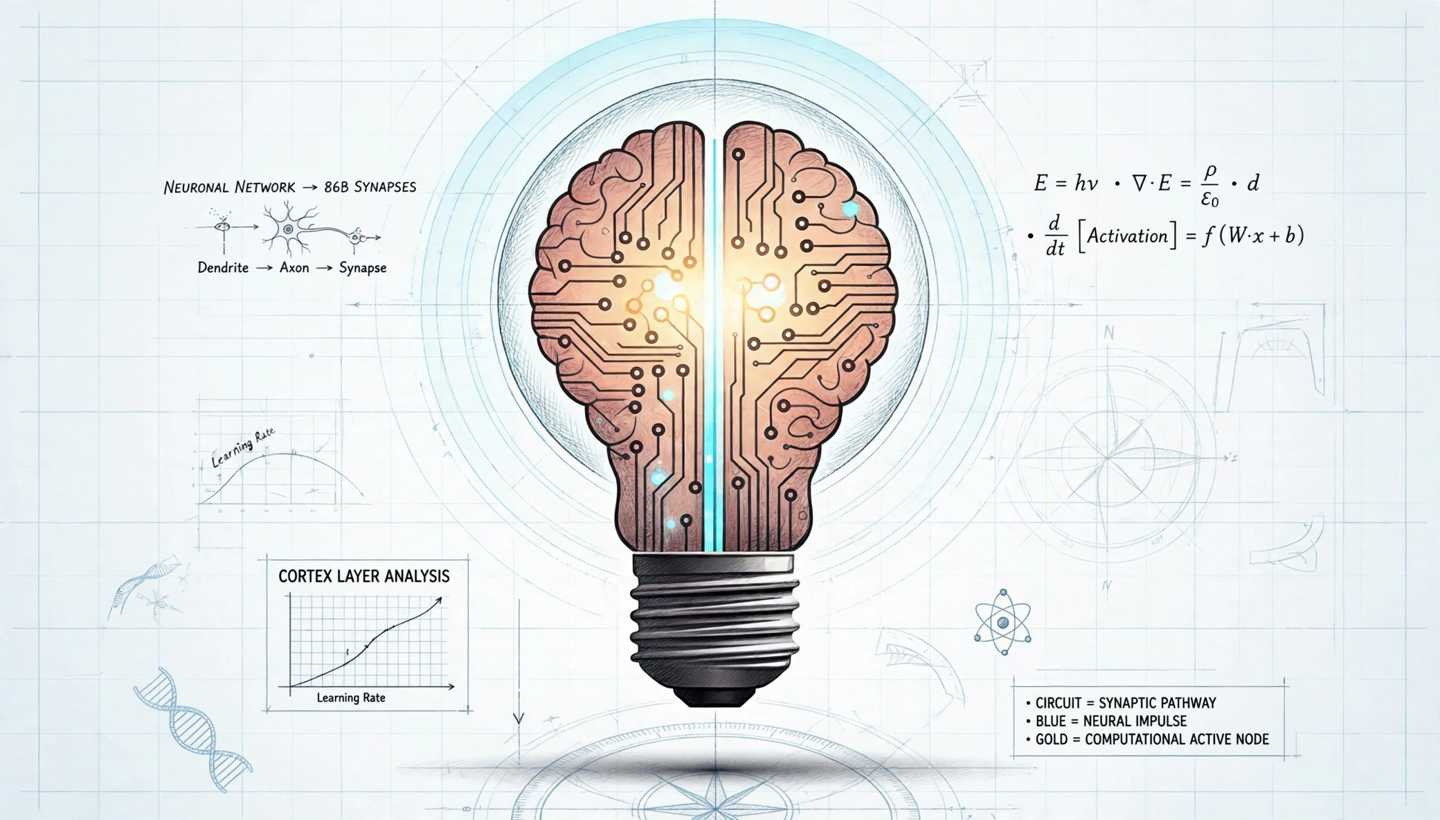 Scientific illustration of a brain-shaped circuit inside a lightbulb