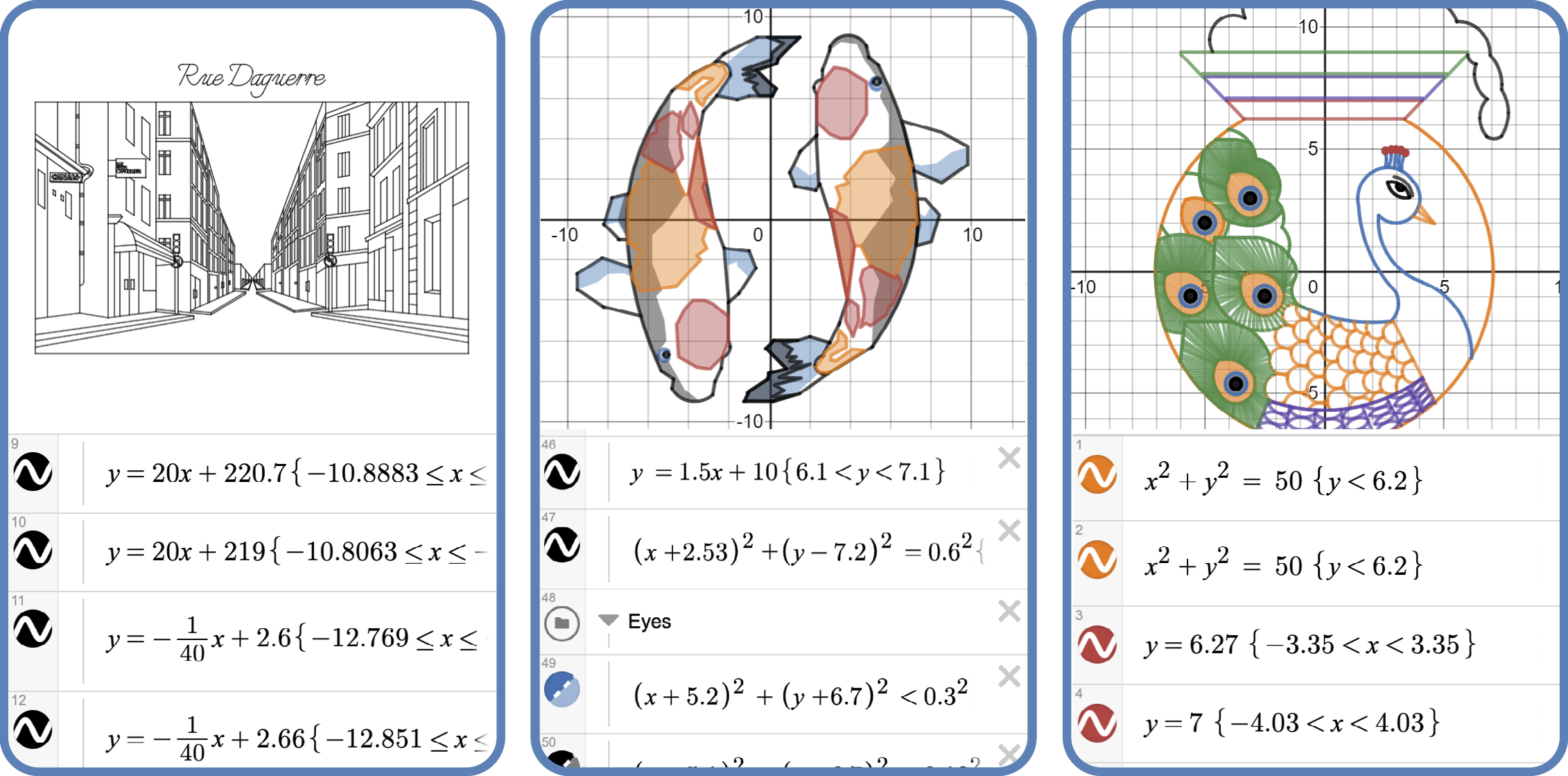 Three Desmos art panels showing a street sketch, koi fish and a peacock drawn with equations