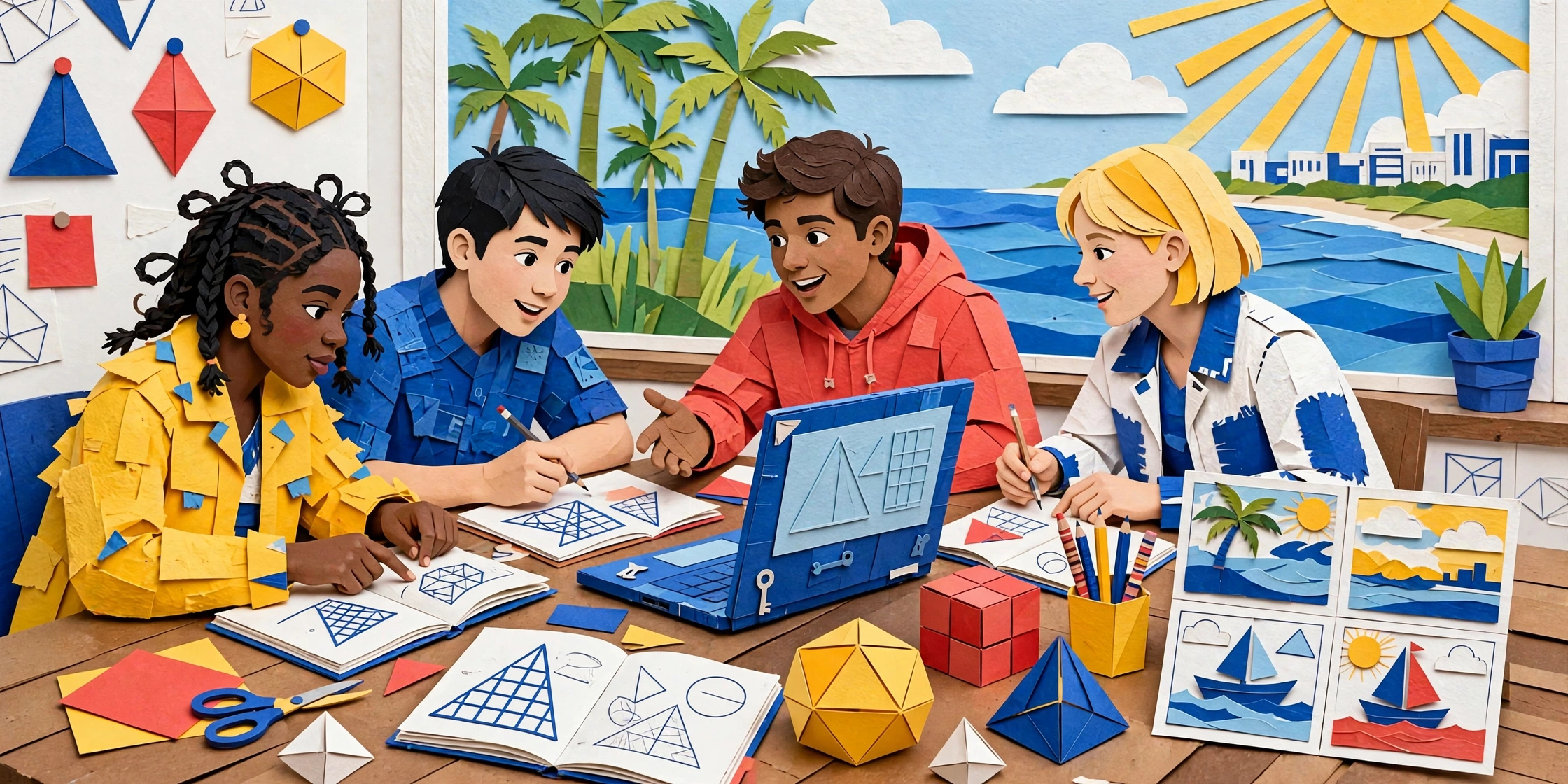 A colorful papercraft collage of four teens studying together around a table with books, a laptop, pencils and geometric paper shapes