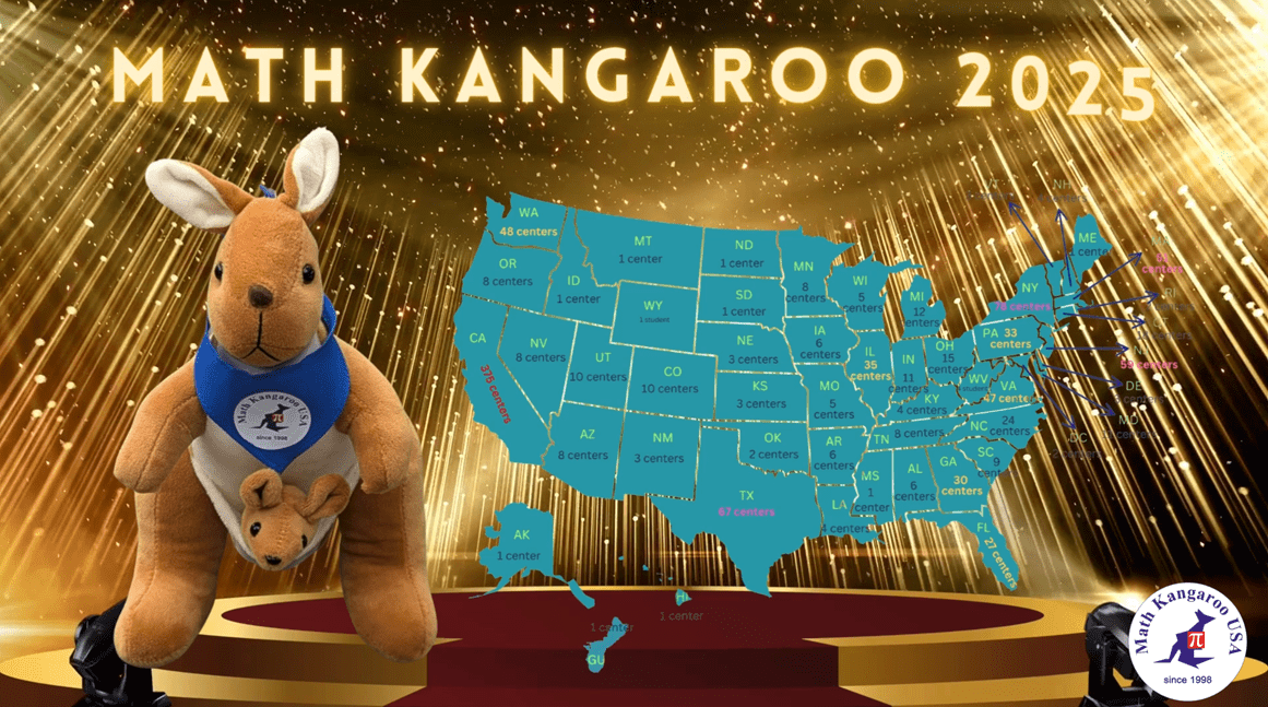 Math Kangaroo 2025 graphic with kangaroo mascots and a United States map
