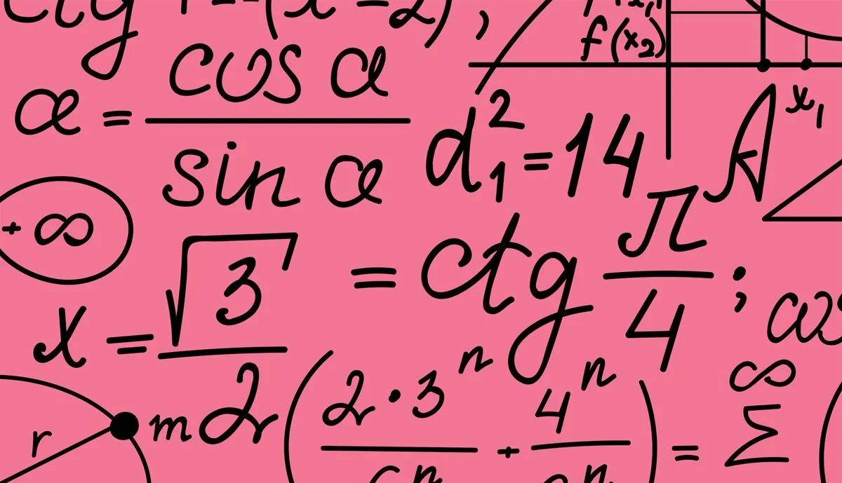 Black handwritten mathematics formulas on a pink background