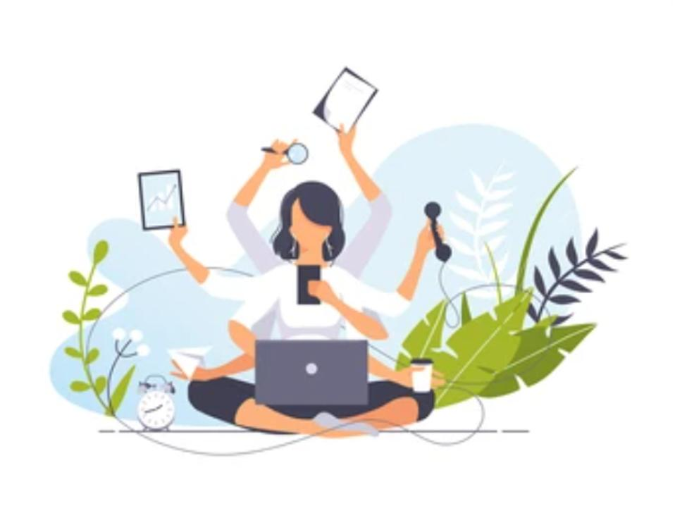 Illustration of a multitasking woman balancing a laptop, phone, microphone, notes and clock