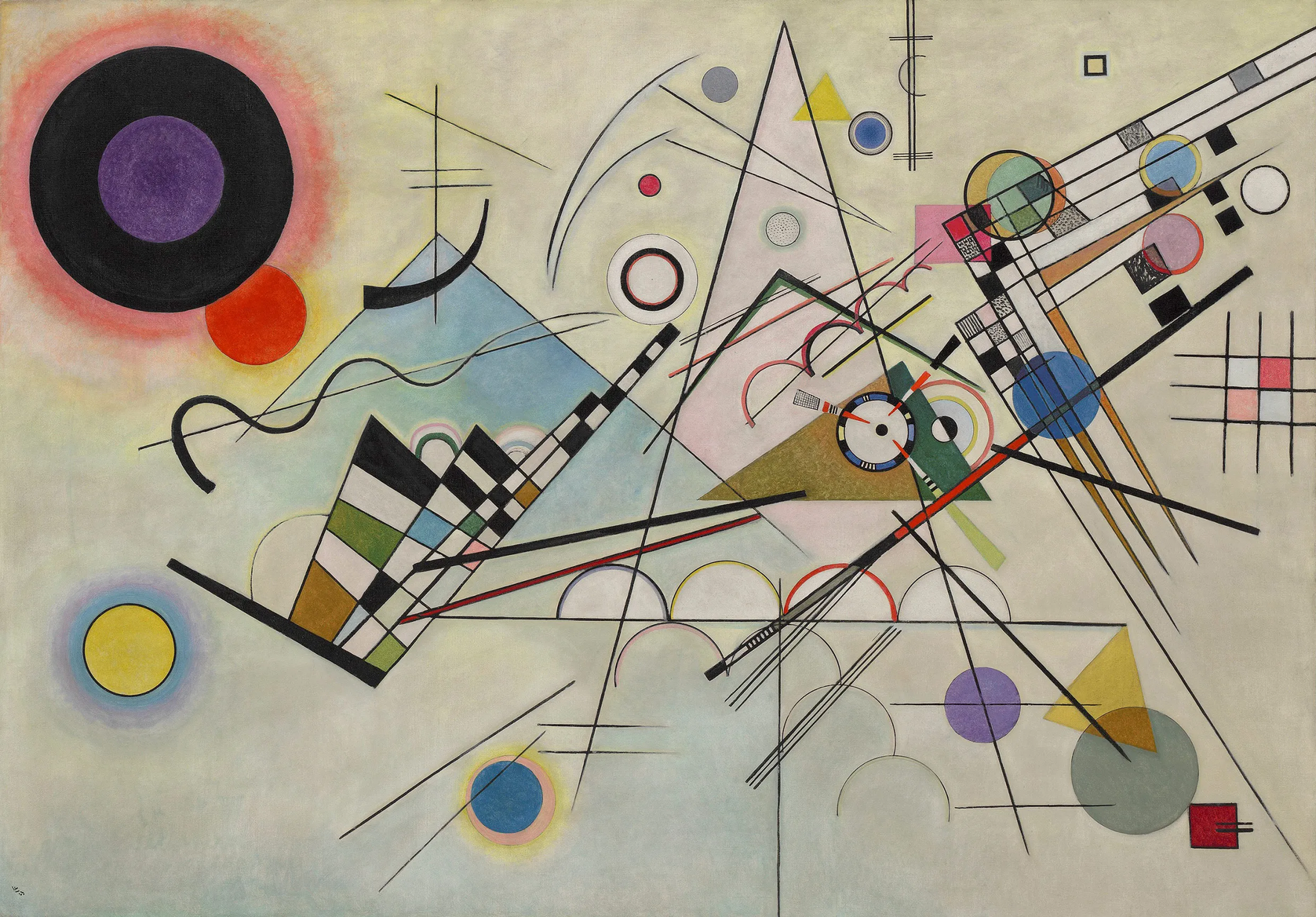 Abstract geometric painting with circles, triangles, grids and intersecting lines