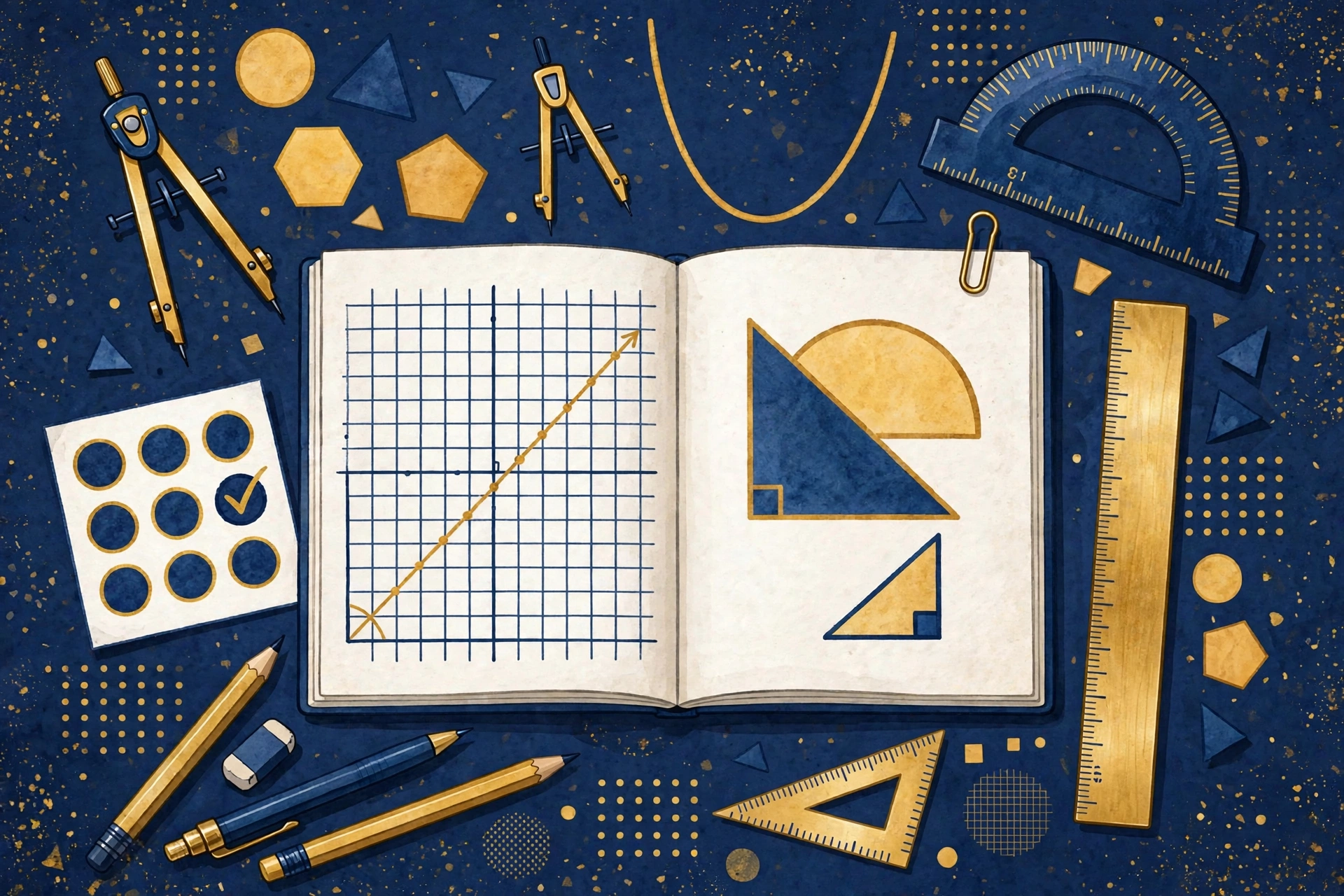 Math illustration with geometry tools, a graphed line in an open notebook, and test answer bubbles