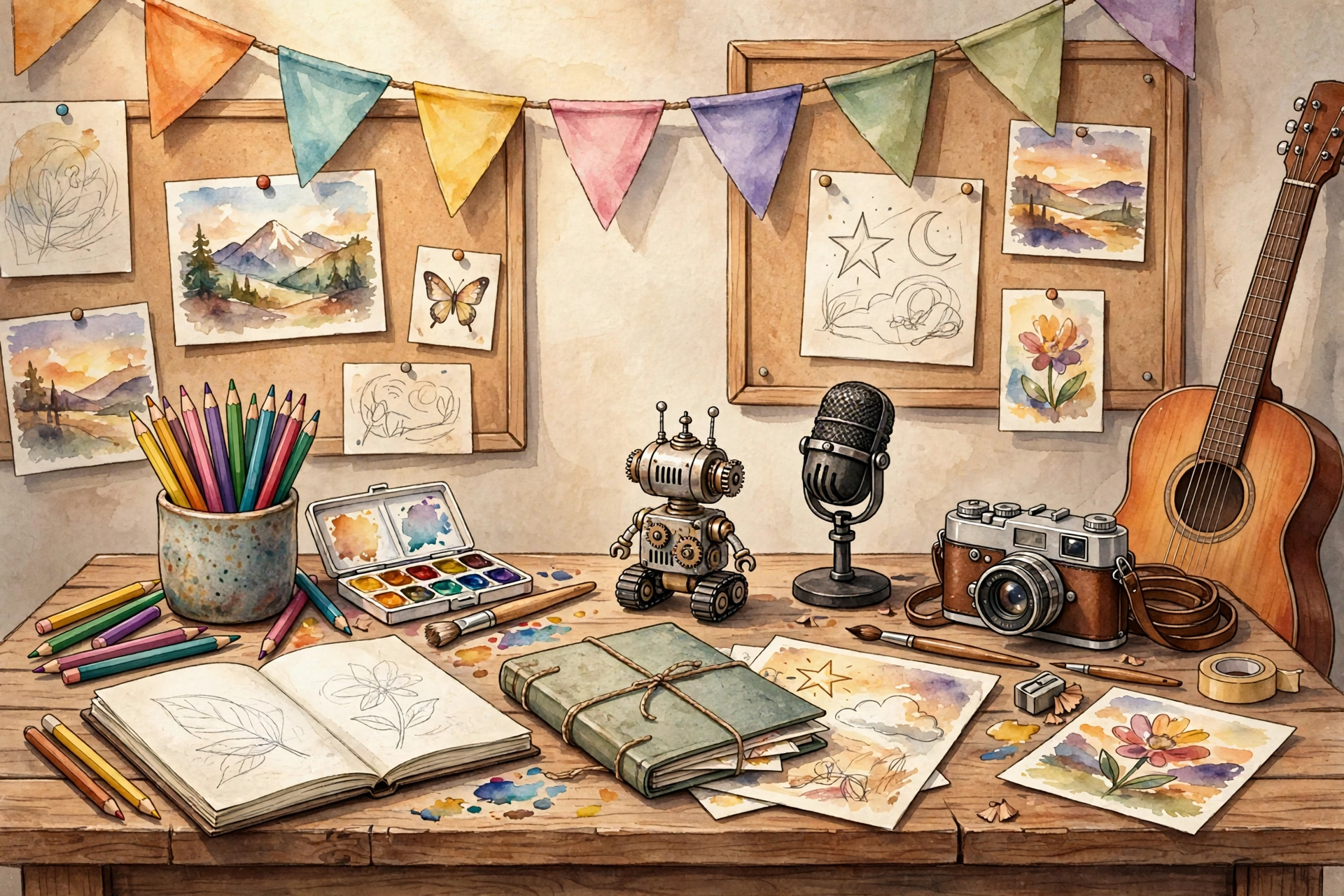 A colorful creative showcase table with art supplies, a camera, microphone, small robot and guitar