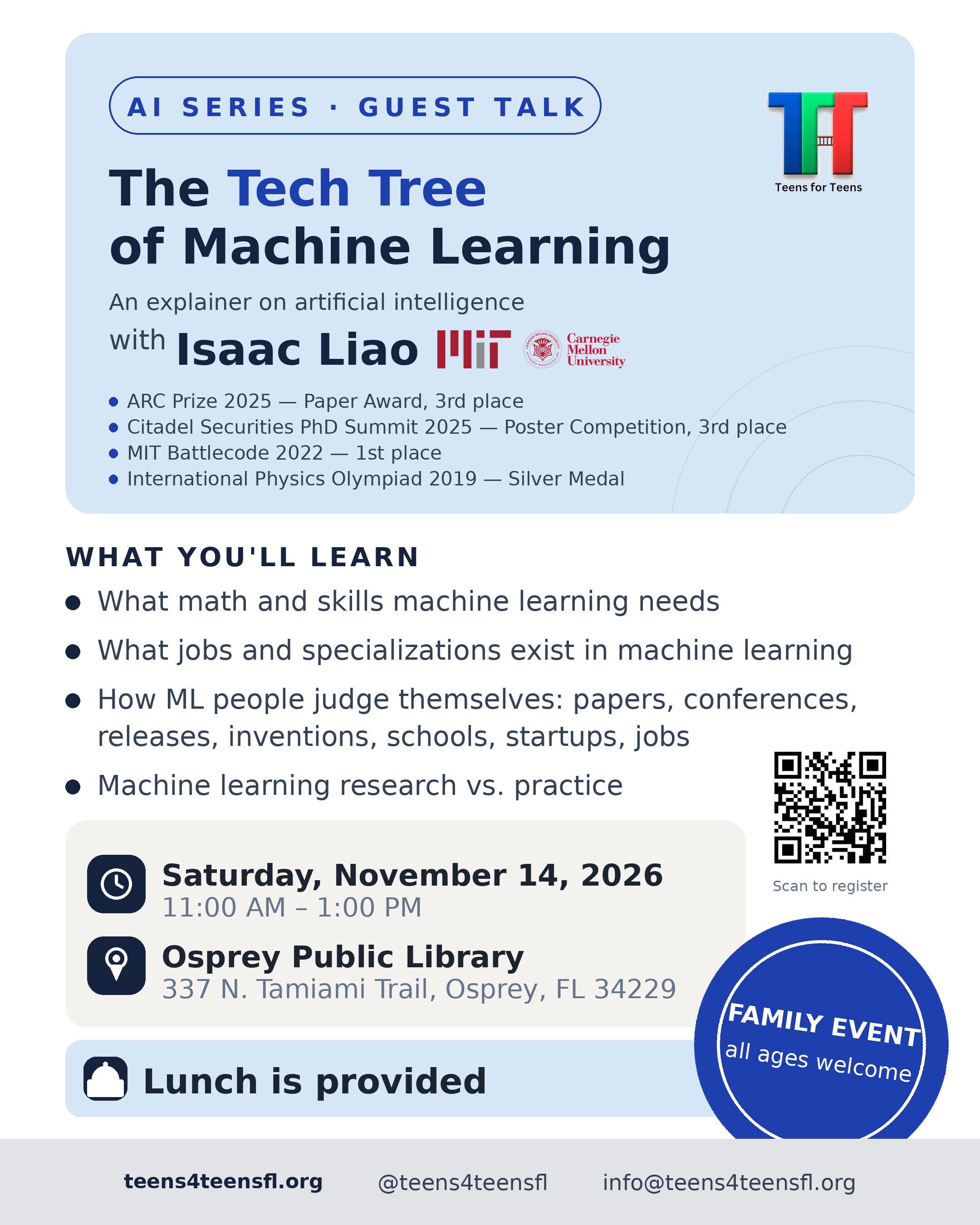 Flyer for The Tech Tree of Machine Learning with Isaac Liao on November 14, 2026
