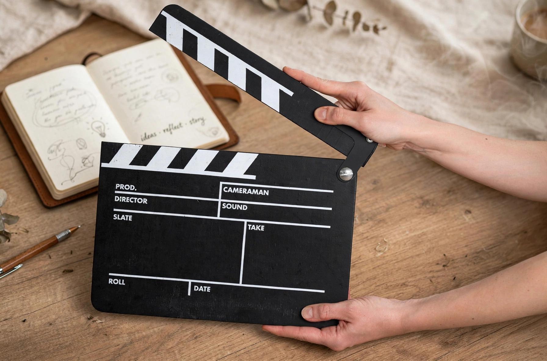 A film clapperboard held open beside a notebook of story ideas on a wooden table